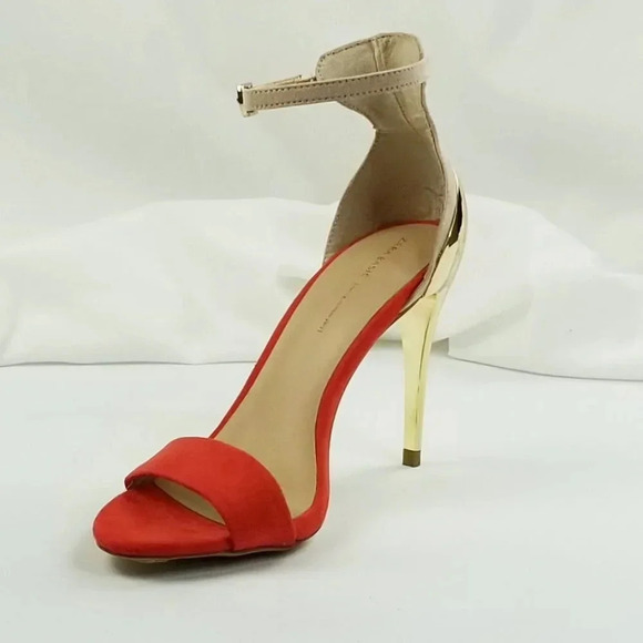 Zara Basic Size 36 (US 5.5-6) Women's Red Suede Ankle Strap Gold Heel Pumps - Picture 2 of 12